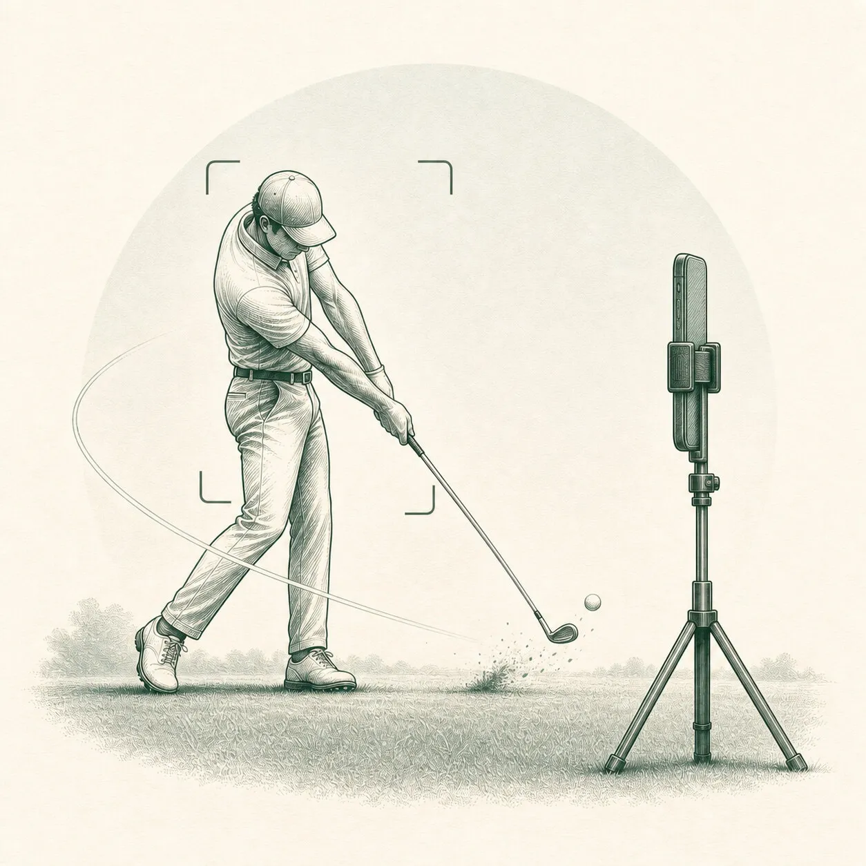 A golfer at impact, framed by a phone on a tripod