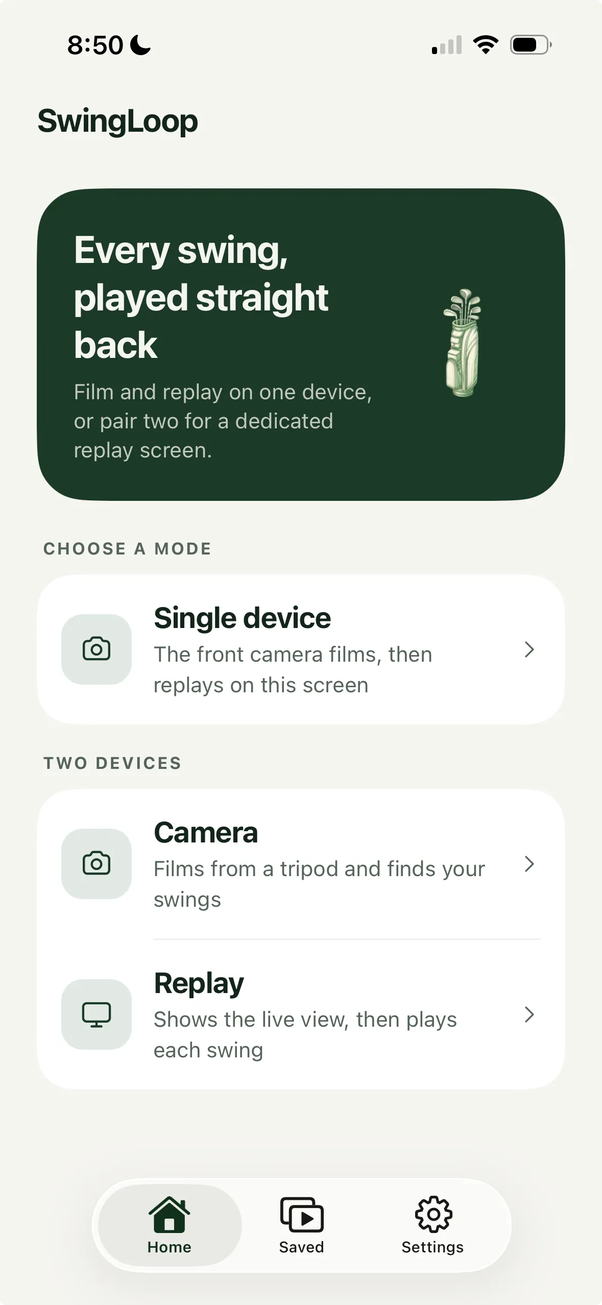SwingLoop home screen with the new Single device mode above the Camera and Replay options for two-device practice