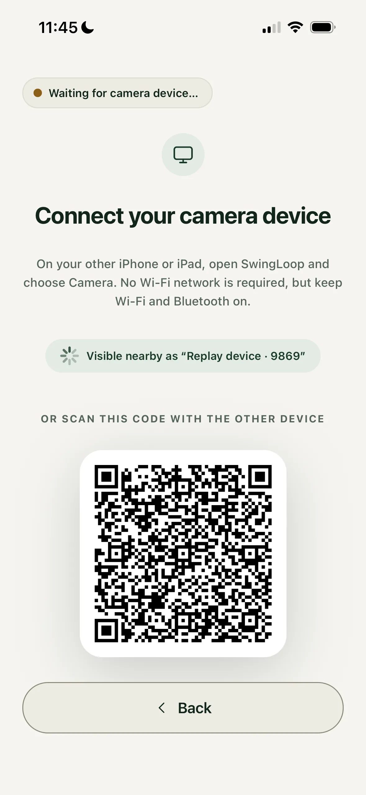 SwingLoop replay device pairing screen with a QR code