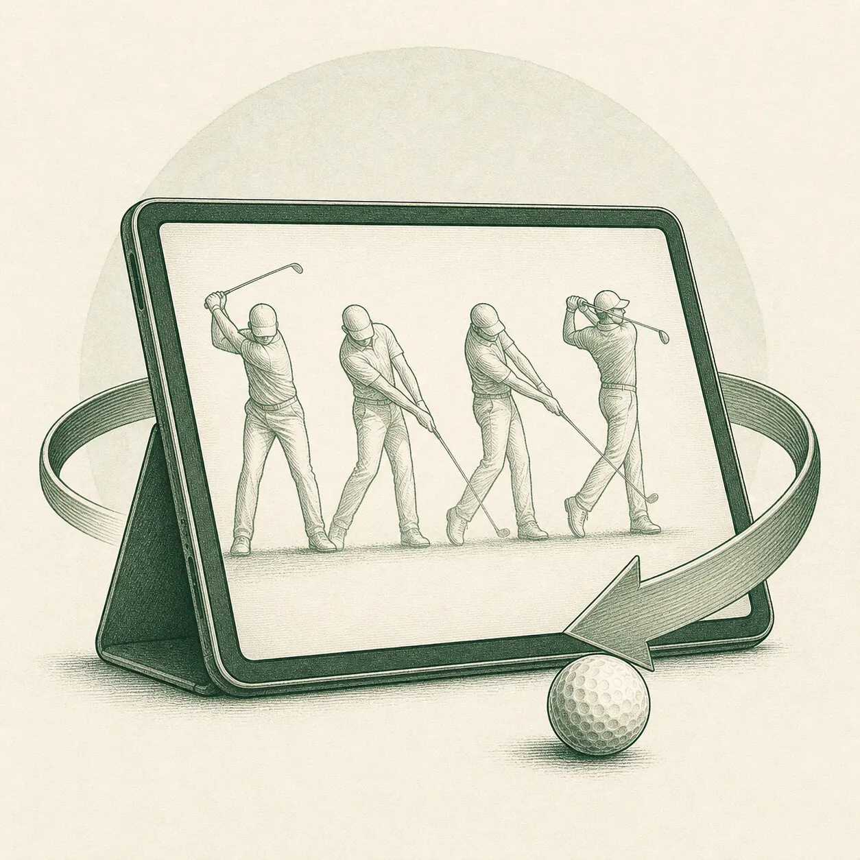 A tablet on a stand replaying a golf swing, wrapped by a loop arrow
