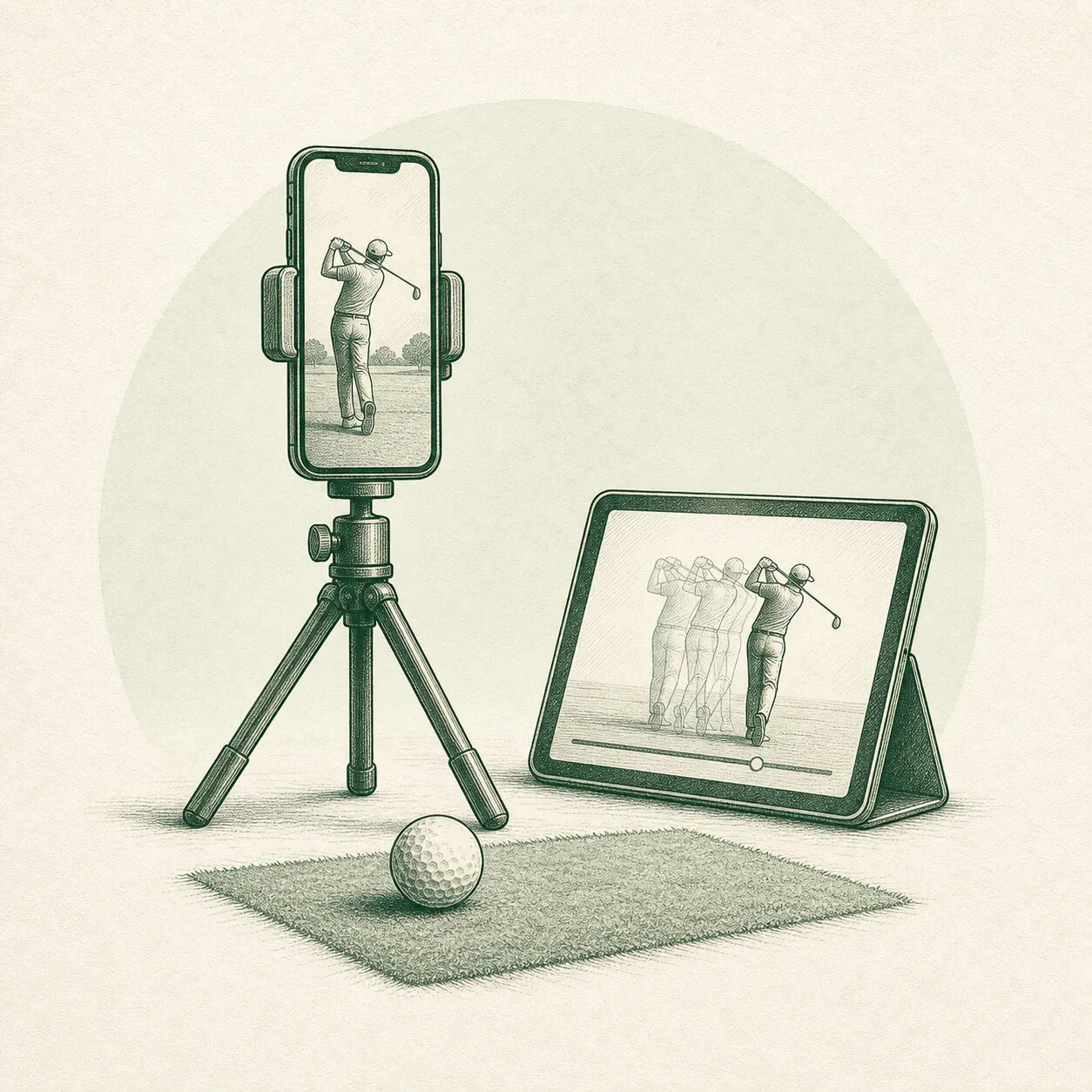 A phone on a tripod filming, and a tablet on a stand showing the replay